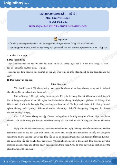 Đề thi giữa học kì 2 Tiếng Việt 4 Cánh diều - Đề số 4